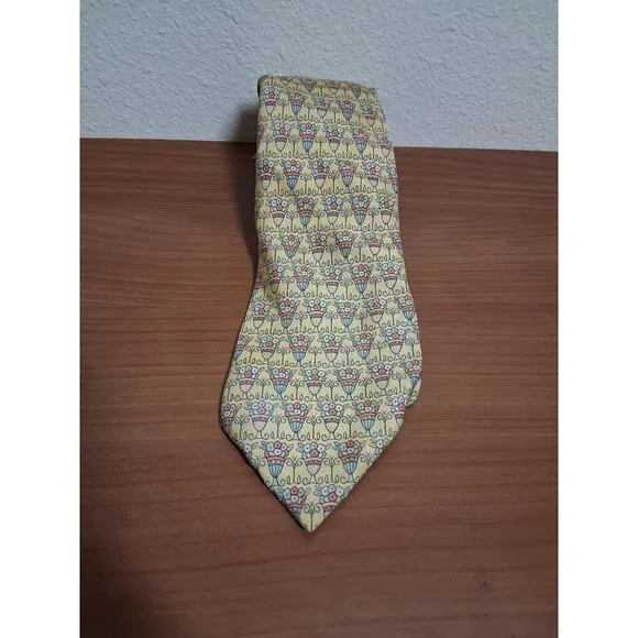 VTG Hermes Paris 100% Silk Neck Tie Men's Yellow Garden Cottage Boho Y2K Retro - Picture 2 of 5